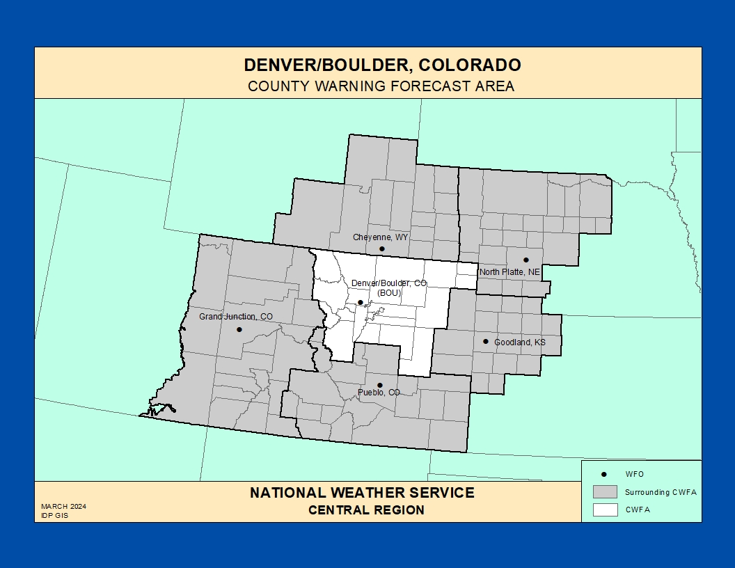 Map of the NWS Denver/Boulder forecast office County Warning Area