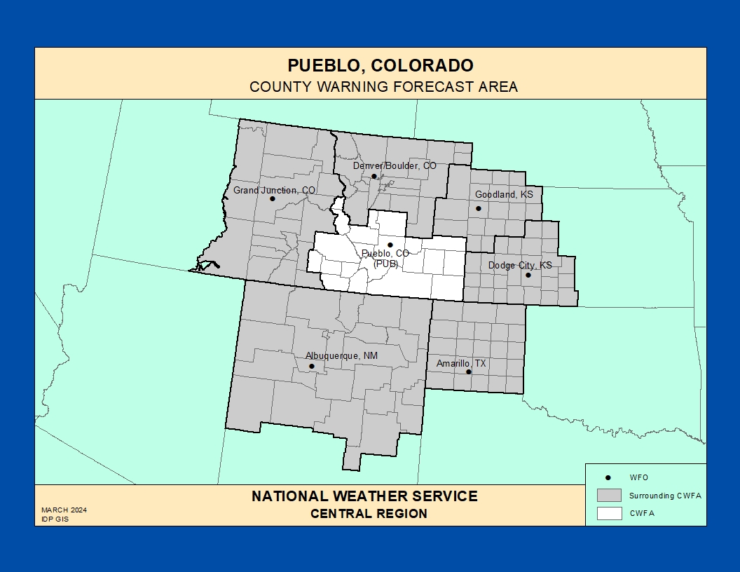 Map of the NWS Pueblo forecast office County Warning and Forecast Area